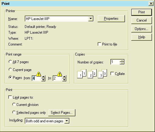 [Print dialog with warning flag icons on the from: and to: fields]