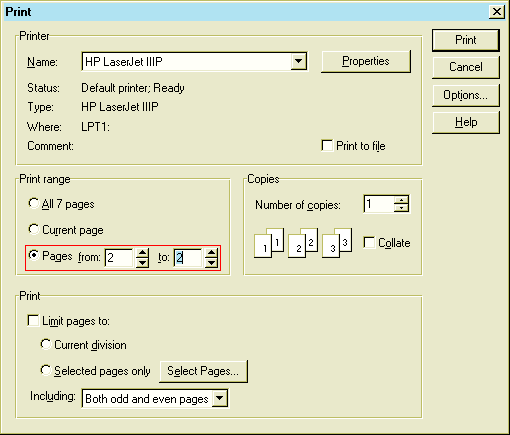[Word Pro print dialog, with 'Pages from: __ to: __' highlighted]